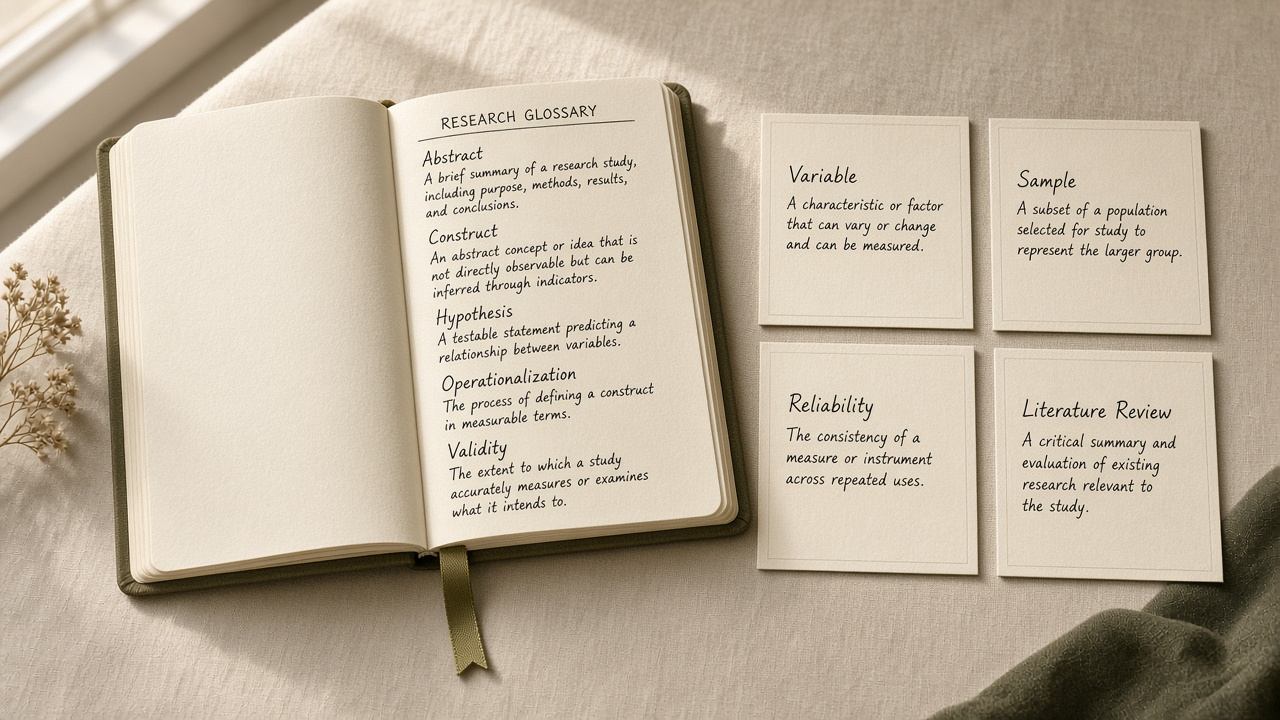 Open research glossary notebook with term cards