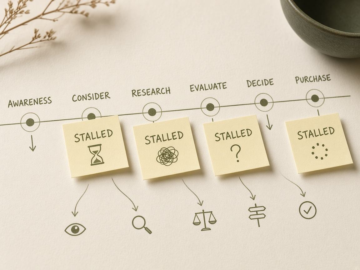 Close-up of sticky notes marking stalled steps in a buying journey